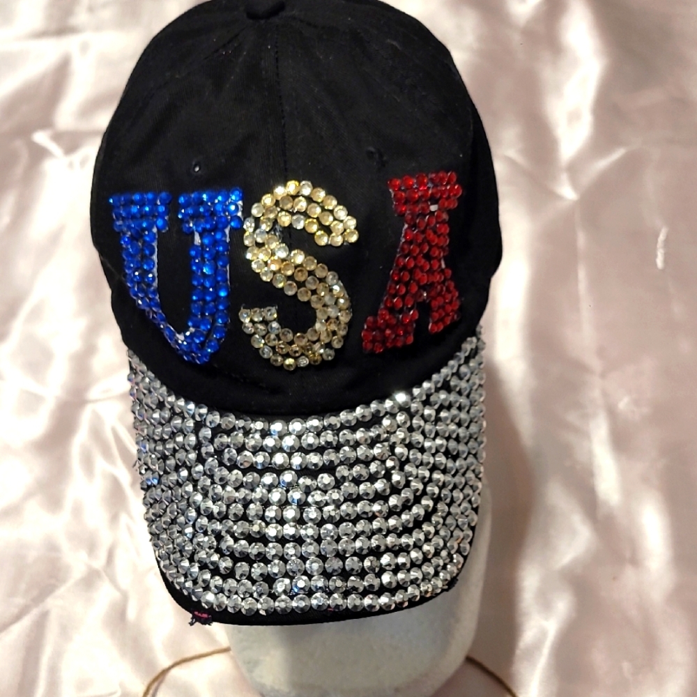 1934 Women's Embroidered Stones Hat USA Rhinestone Embellished Black Cap